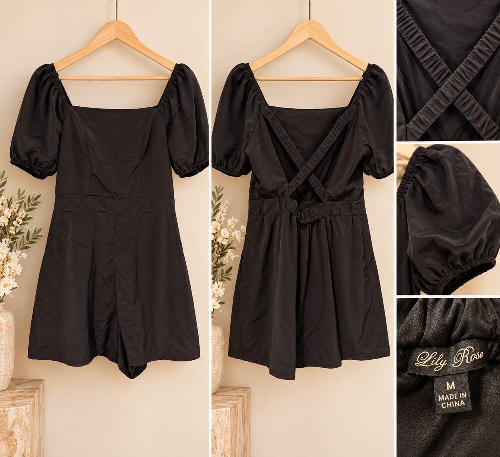 Black Puff Sleeve Open Back Romper Criss Cross Tie Size Medium